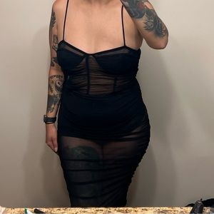 black mesh midi dress